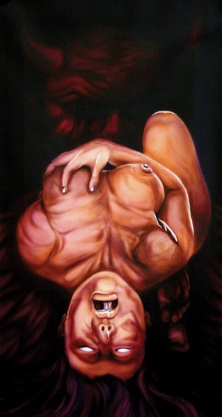 Painting of an upside-down figure against a dark background.