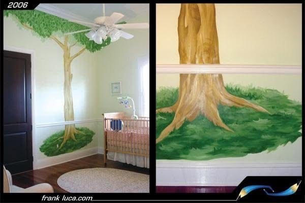 Interior wall murals depicting tall trees.