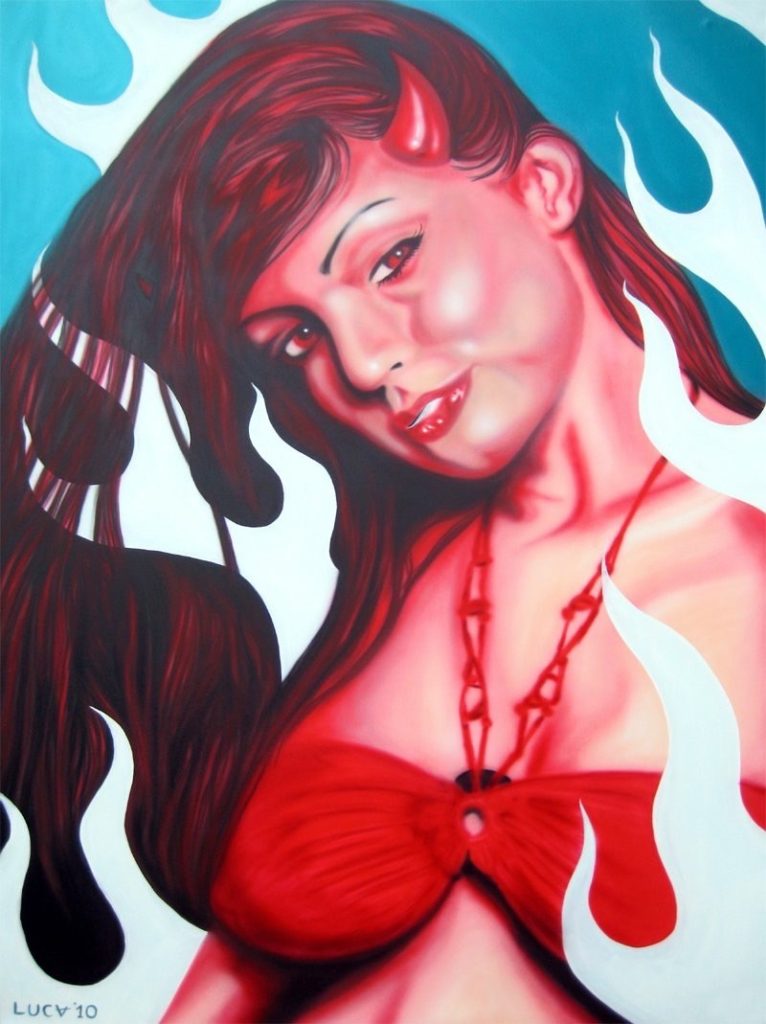 Close-up painting of a red-haired figure wearing red clothing and a pendant.