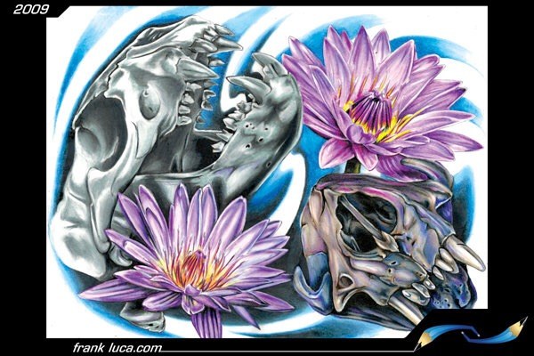Painted composition of skulls and purple water lilies.
